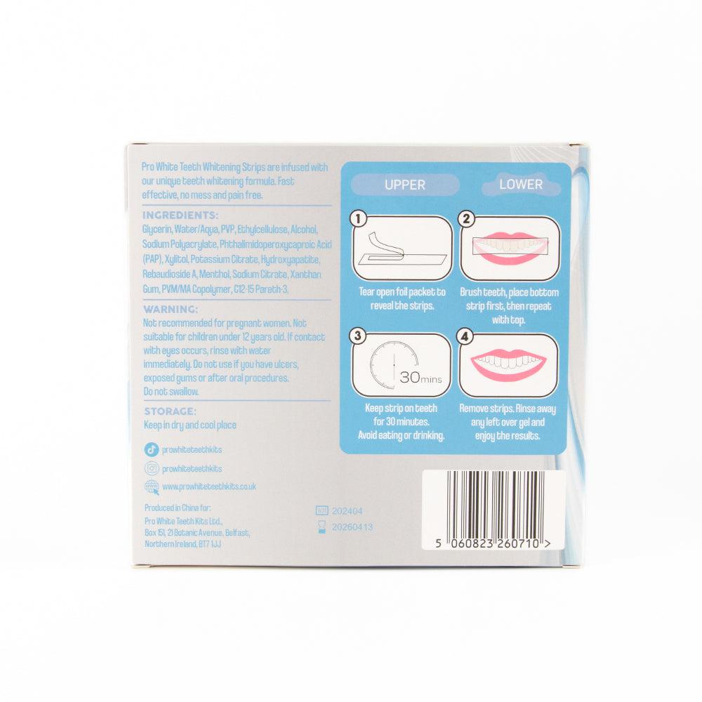 Packaging of dental whitening strips with instructions and ingredients list on a white background