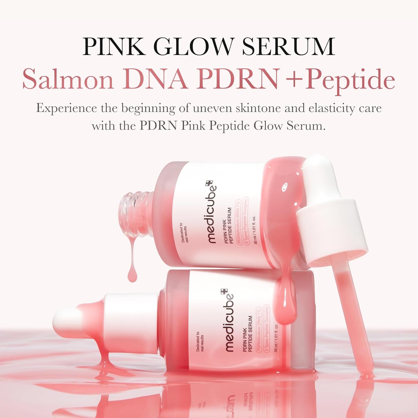 Pink glow serum bottle with dropper on a white background, featuring the brand 'medicube'.