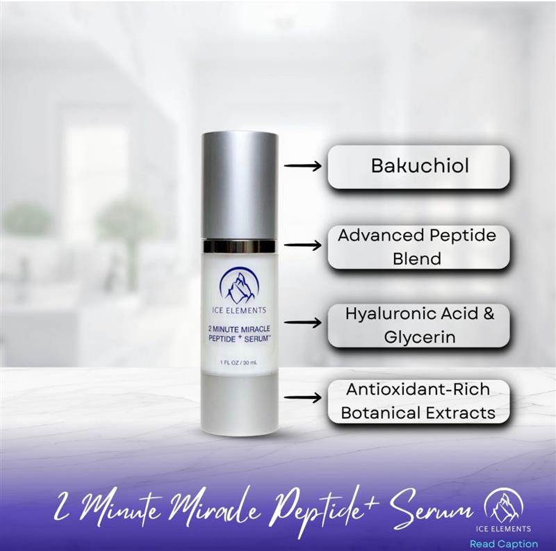 Skincare serum bottle with labeled ingredients on a blurred background