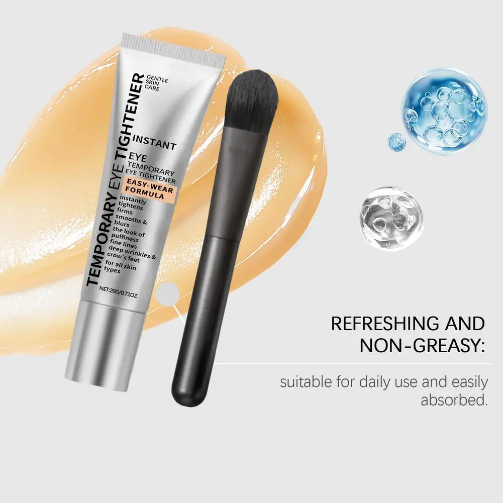 Eye cream tube with applicator and product smear on a light gray background