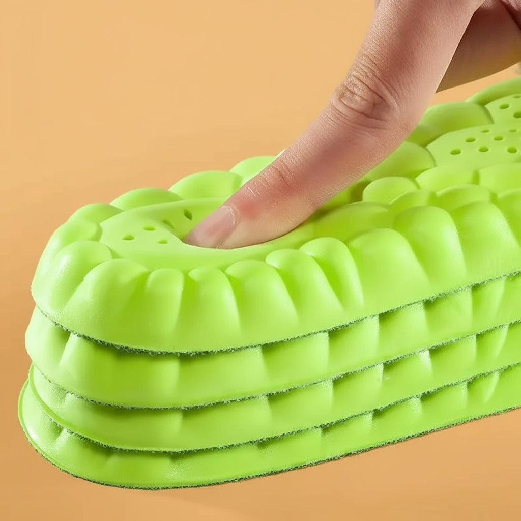 Green cushion with soft elastic shock absorption feature on an orange background