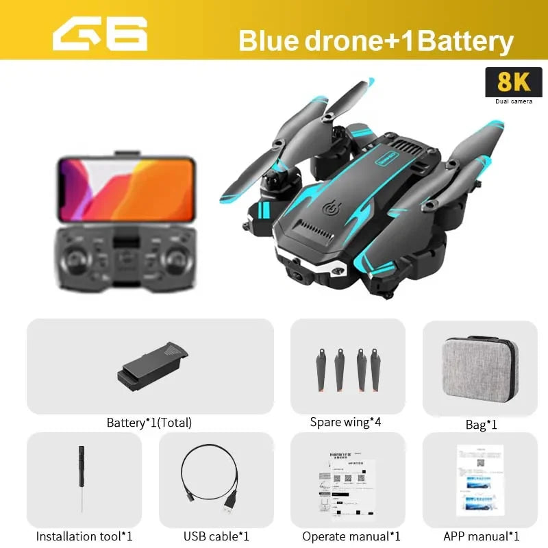 Blue drone with controller, battery, spare wing, bag, installation tool, USB cable, operate manual, and app manual on a white background.
