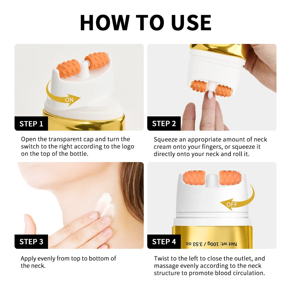 Instructions on how to use a neck cream bottle with steps displayed.