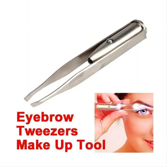 Eyebrow tweezers with a close-up inset of a person using it on a white background.