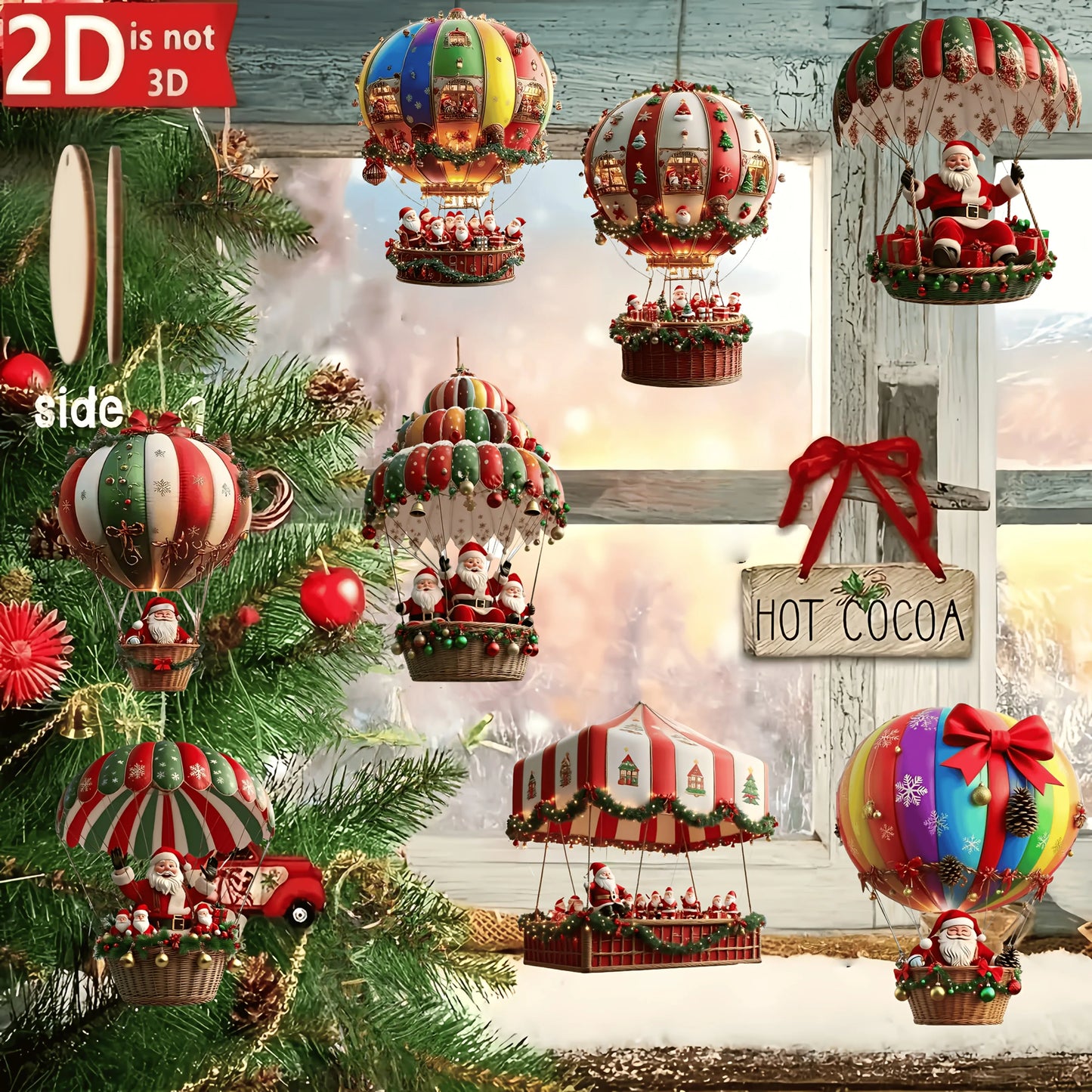 Christmas ornaments with hot air balloons and Santa Claus on a Christmas tree.