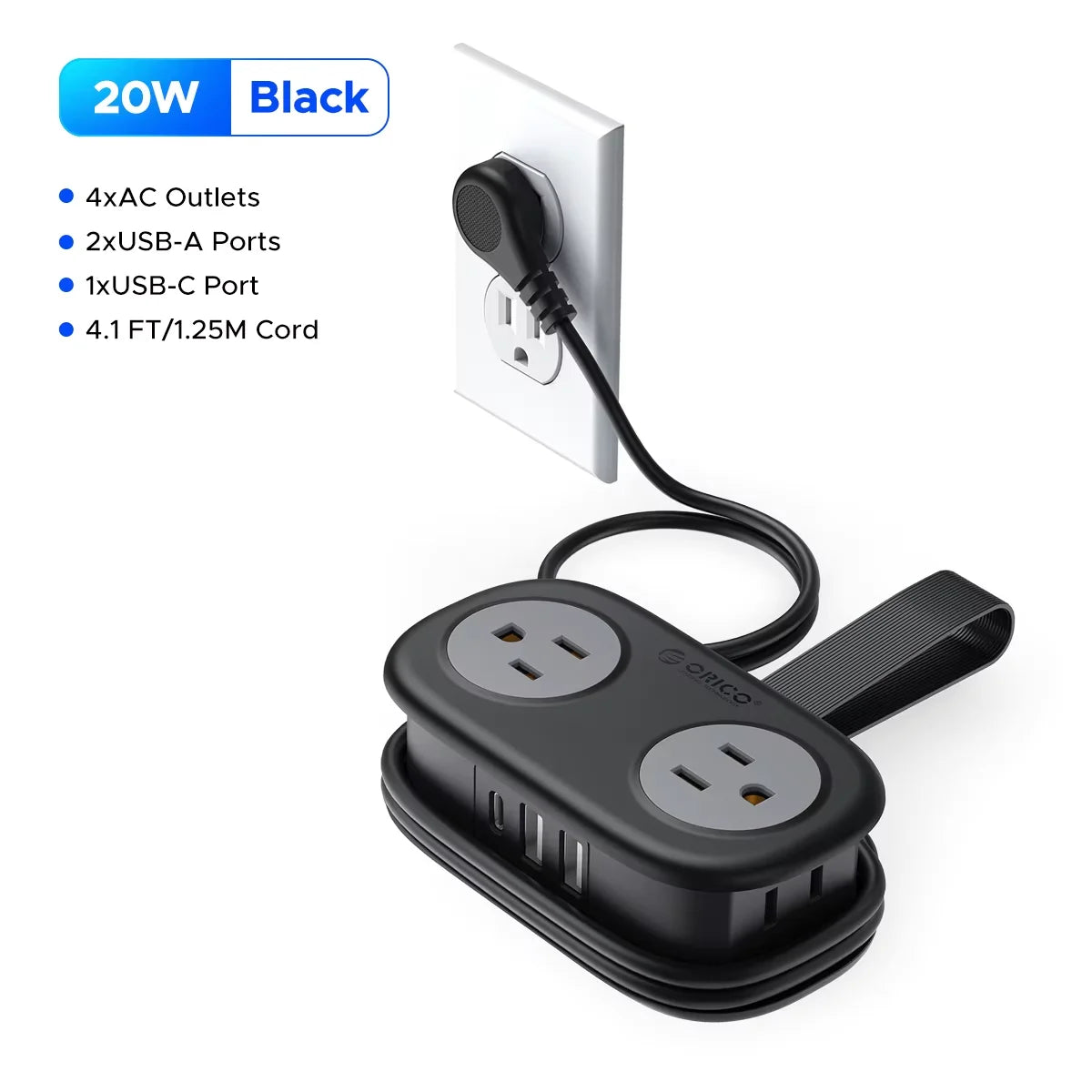 Black power strip with multiple outlets and ports plugged into a wall socket on a white background.