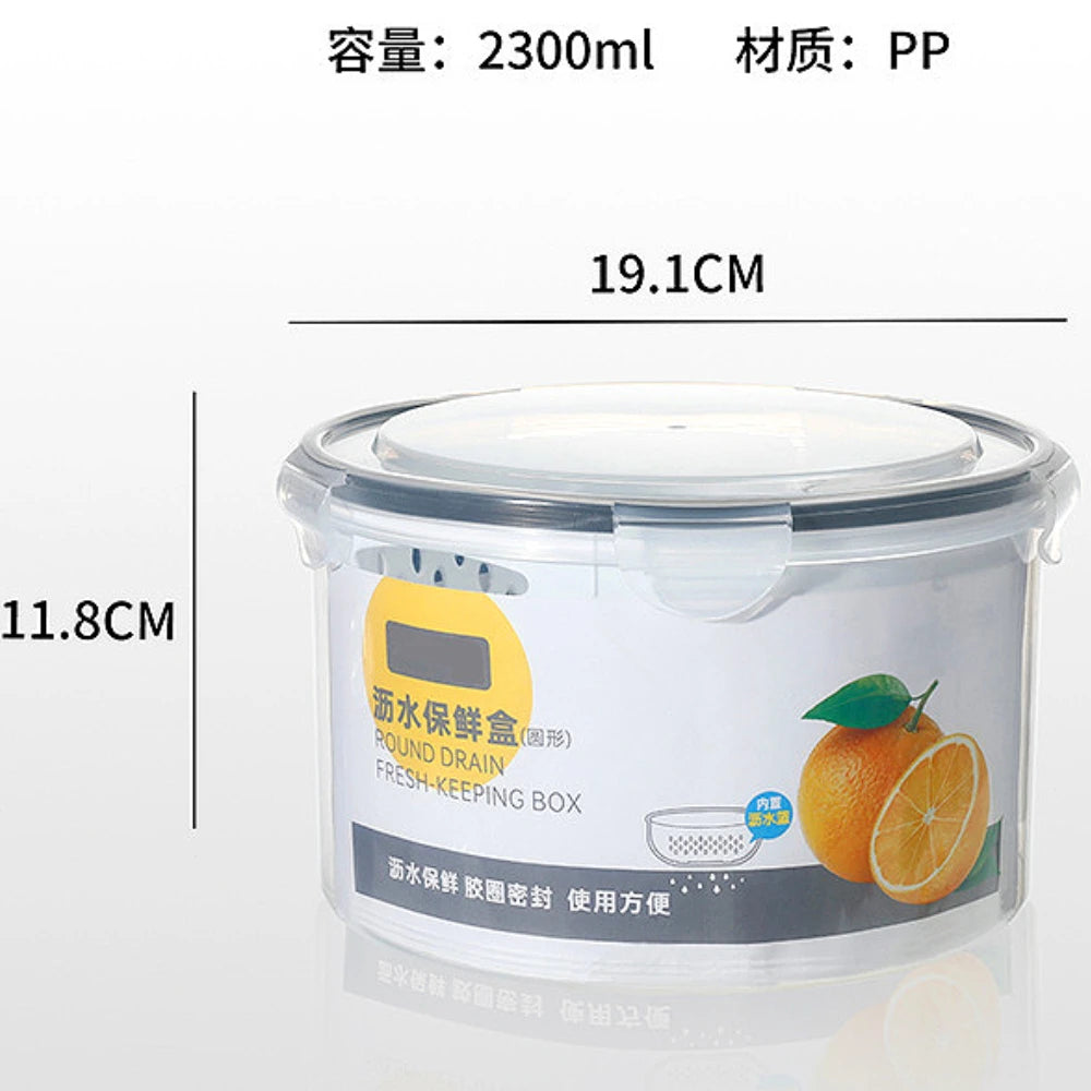 Round fresh-keeping box with dimensions and product details on a white background