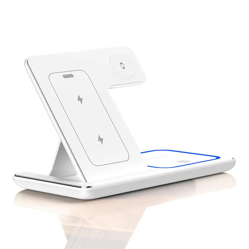 White wireless charging stand with smartphone on a white background