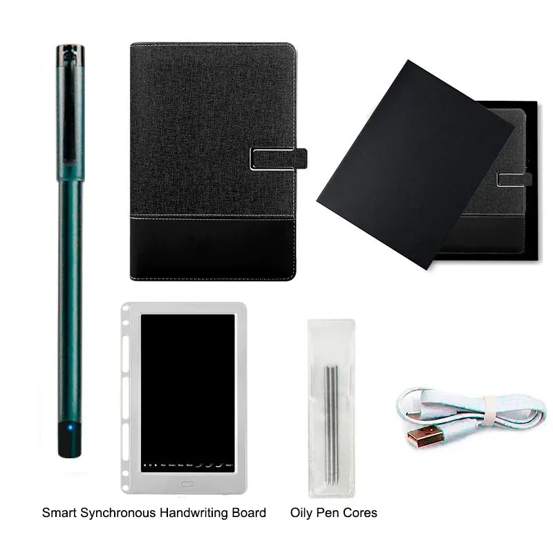 Collection of stationery items including a black notebook, green pen, digital board, and accessories on a white background.