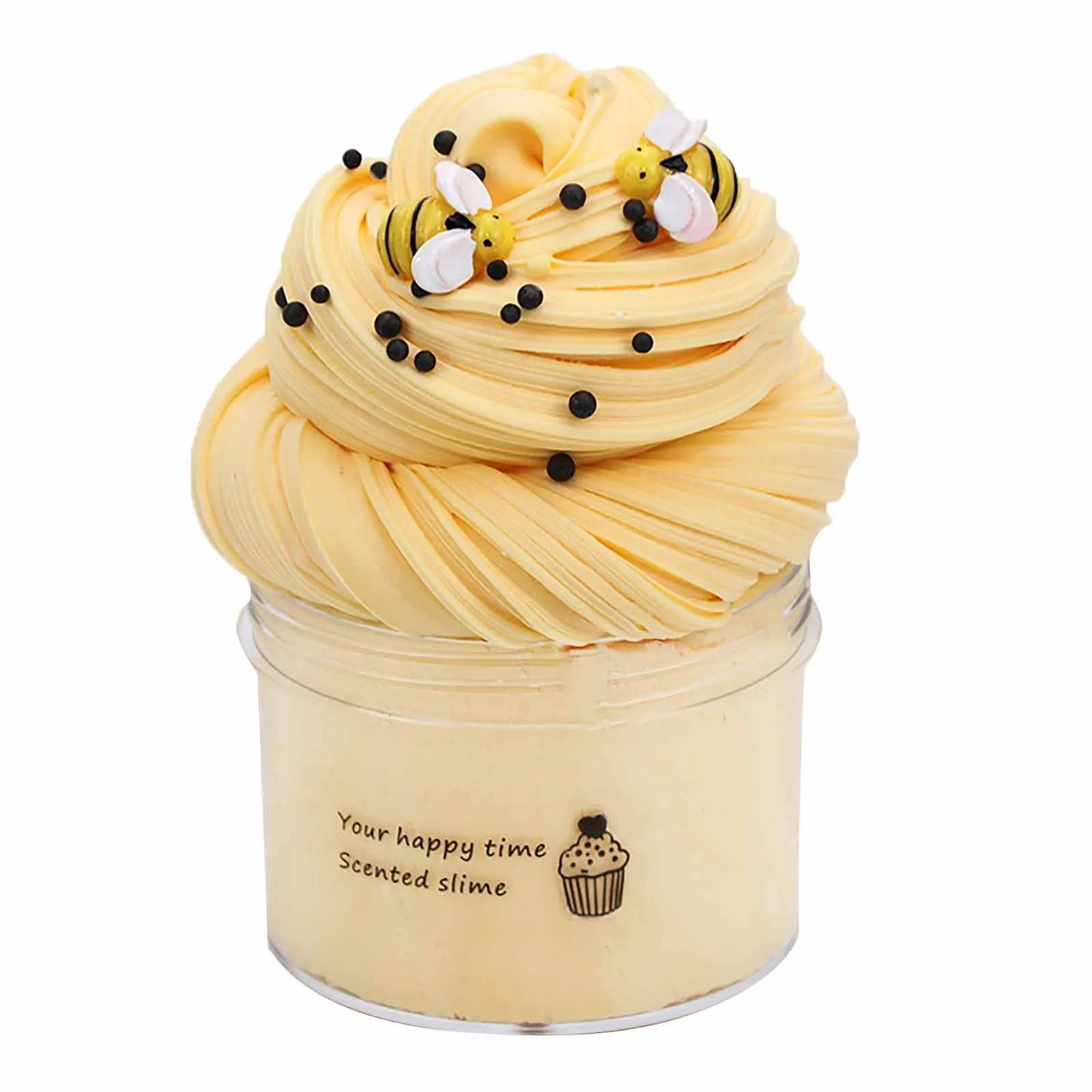 Yellow slimes in a jar with decorative elements on a white background