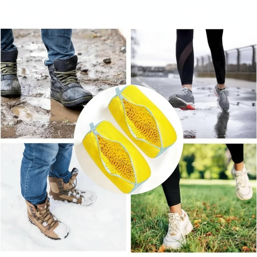 Collage of people cleaning shoes with a focus on yellow cleaning products.