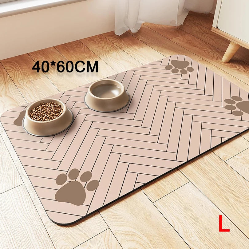 Pet mat with paw prints on a wooden floor, featuring two pet bowls.