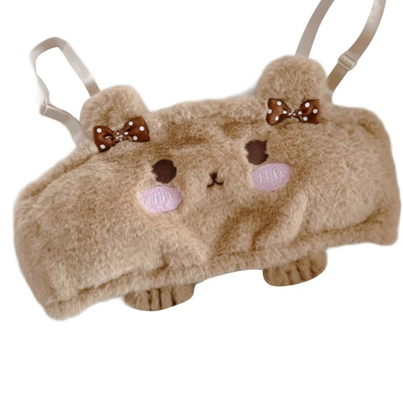Plush bear-shaped pouch with bow ties on a white background
