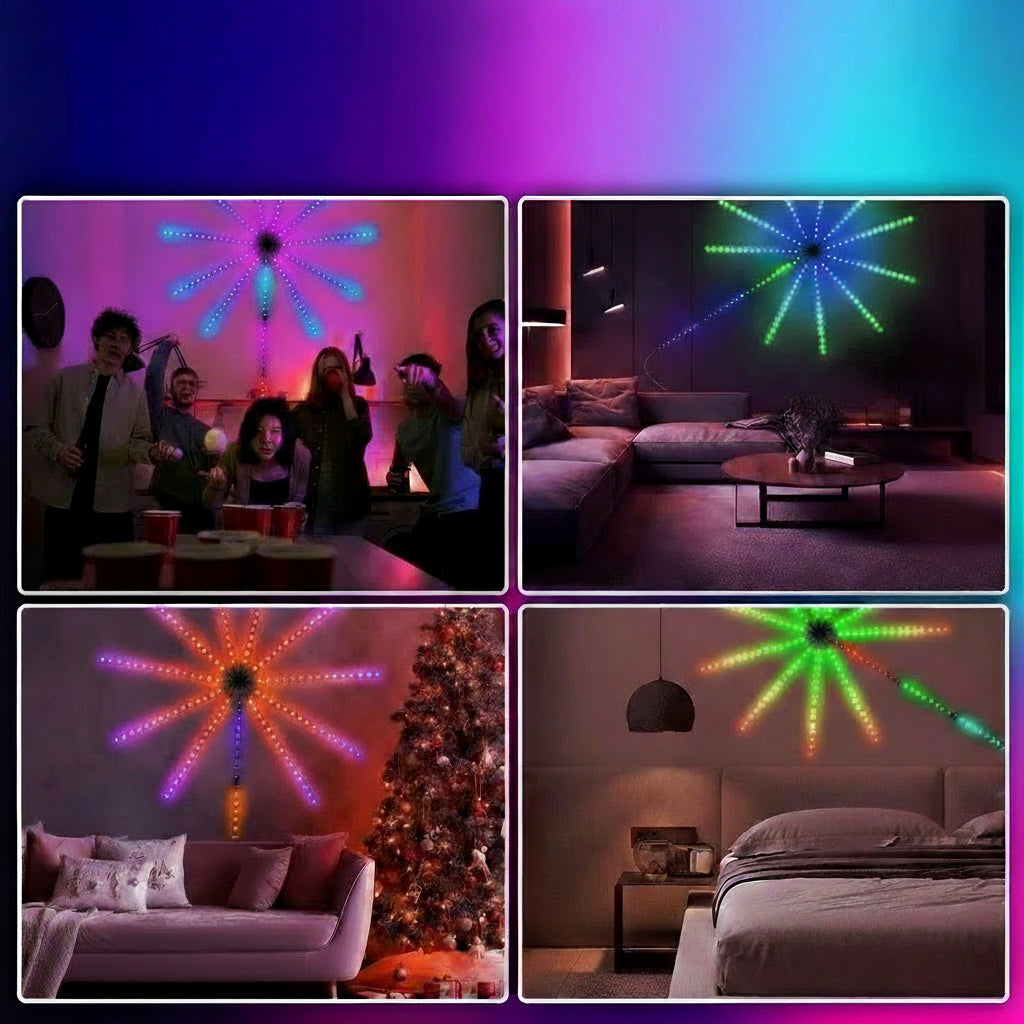 LED RGB fireworks light used in various settings like parties, living rooms, holiday decorations, and bedrooms.