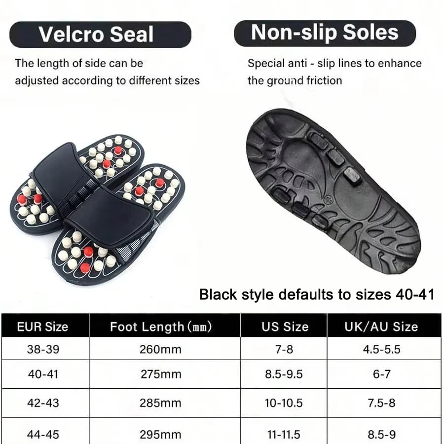 Black slide sandals with velcro seal and non-slip soles, featuring a size chart.