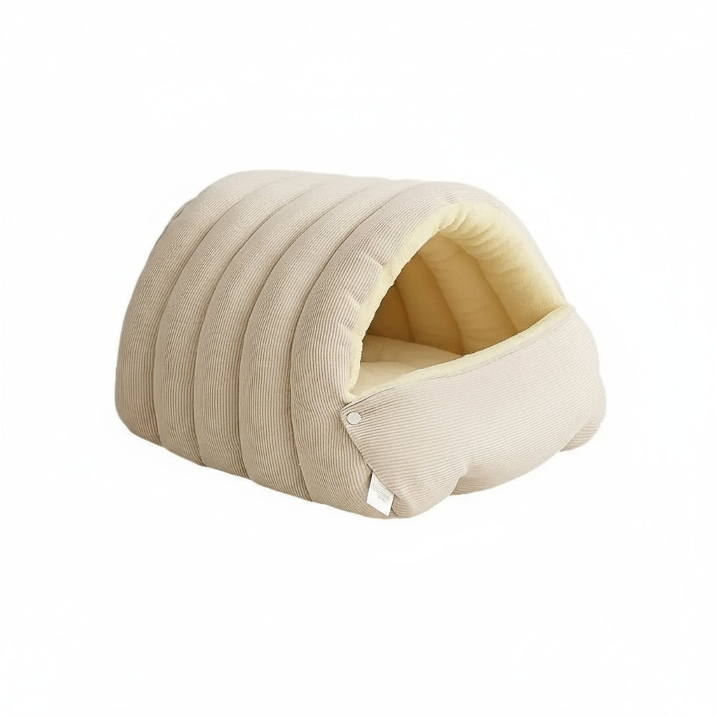 Beige pet bed with dimensions labeled on a white background