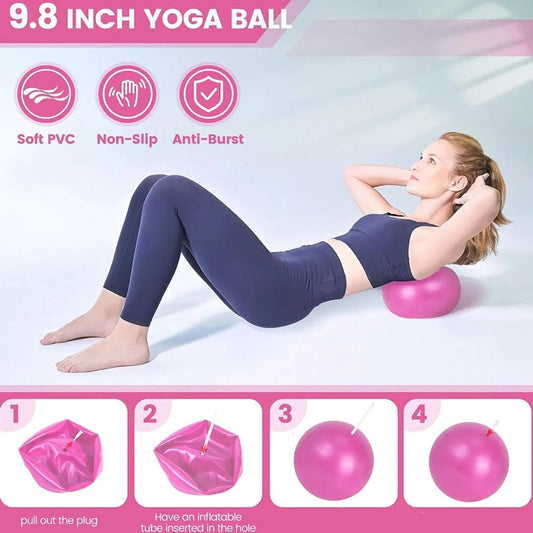 Woman using a pink yoga ball with product features and assembly instructions displayed.