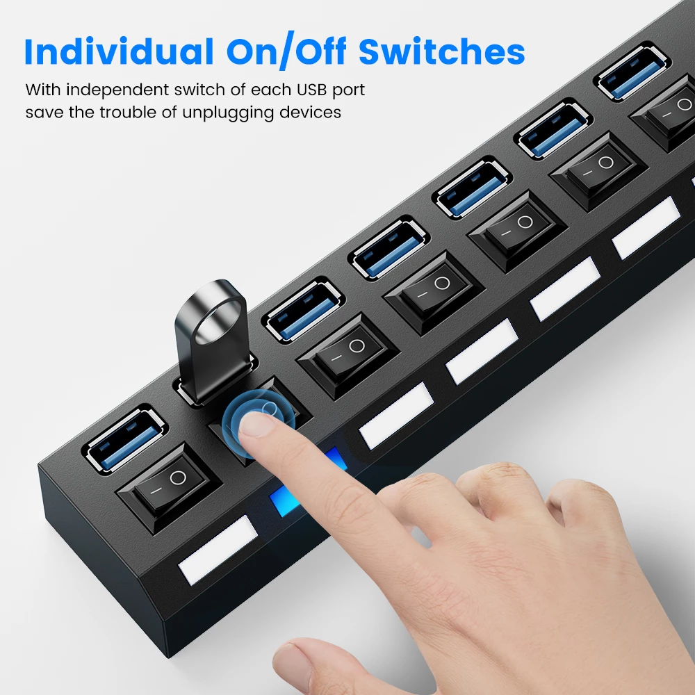 USB hub with individual on/off switches and a hand pressing one of the switches.