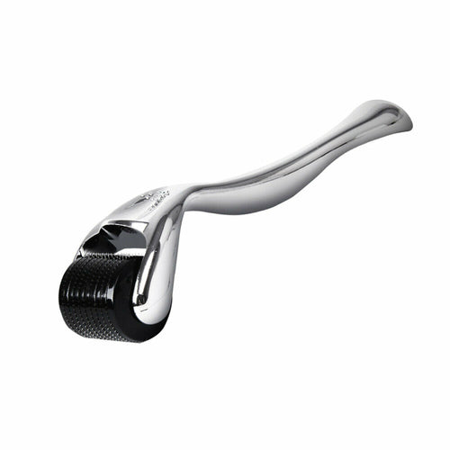 Chrome metal tool with black roller on a white background
