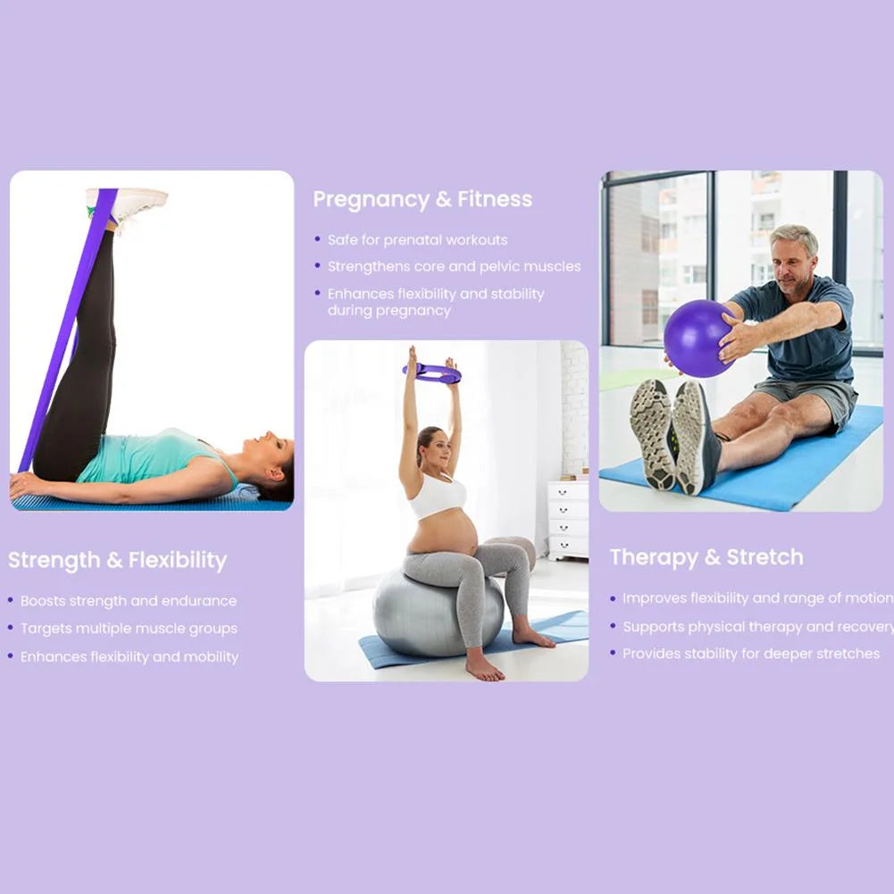 Promotional graphic for pregnancy and fitness products with text and images of people using the products.