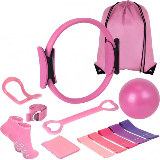 Pink fitness equipment set including resistance bands, ball, and loops on a white background