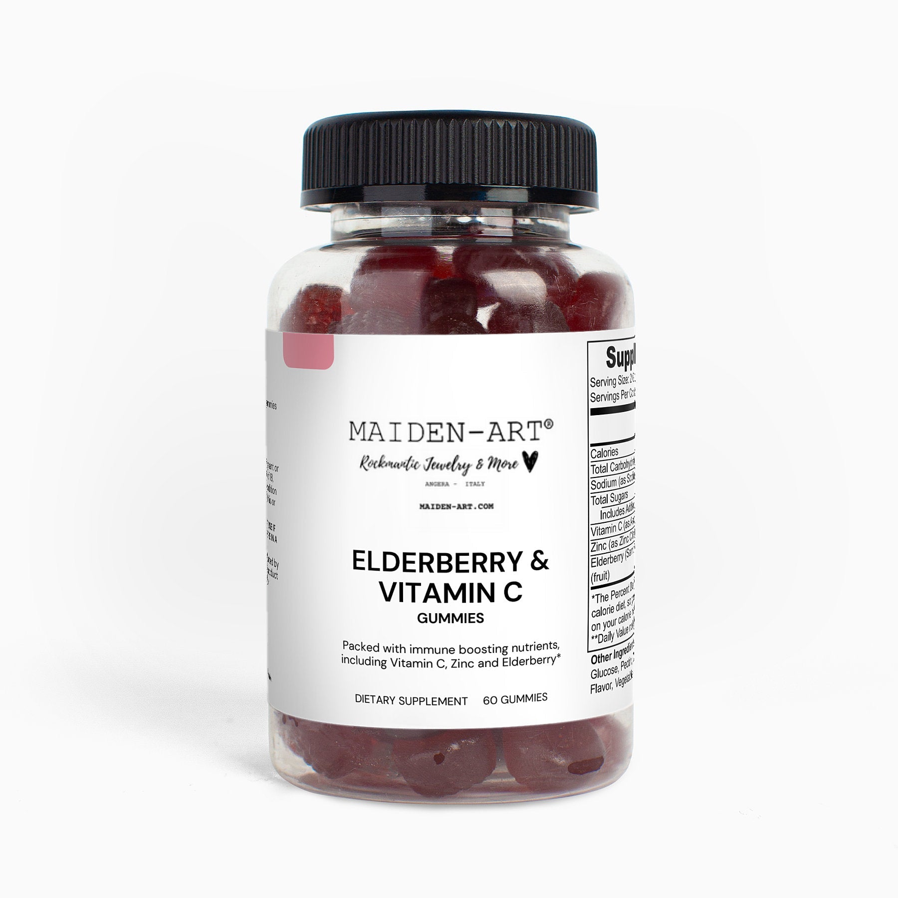 Bottle of Elderberry & Vitamin C Gummies with Maiden-Art label on a white background