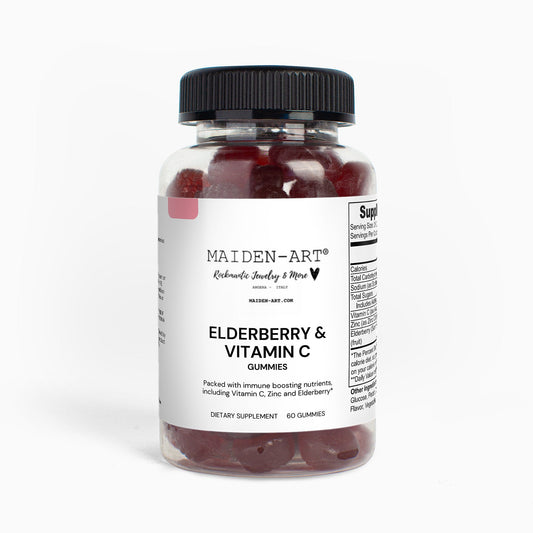 Bottle of Elderberry & Vitamin C Gummies with Maiden-Art label on a white background