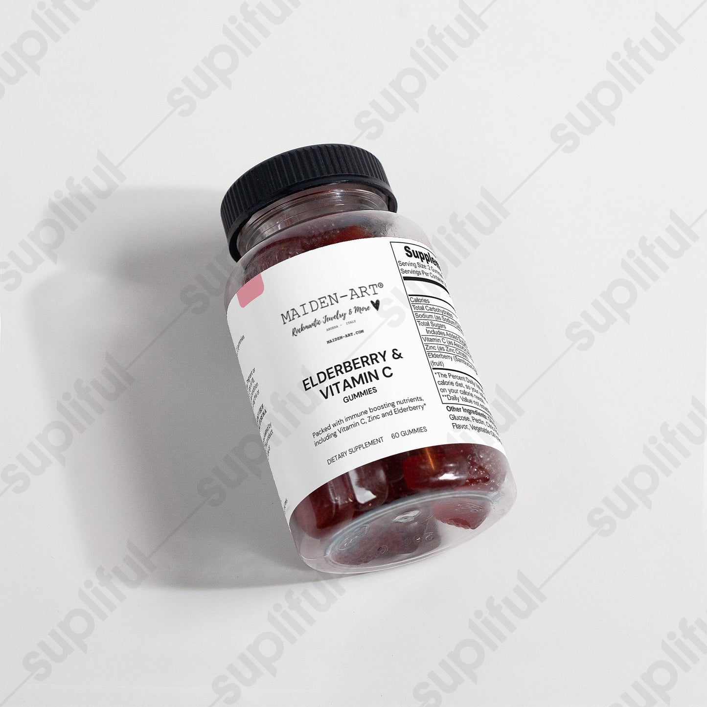 Bottle of Maiden-Ark Elderberry & Vitamin C supplement on a white background