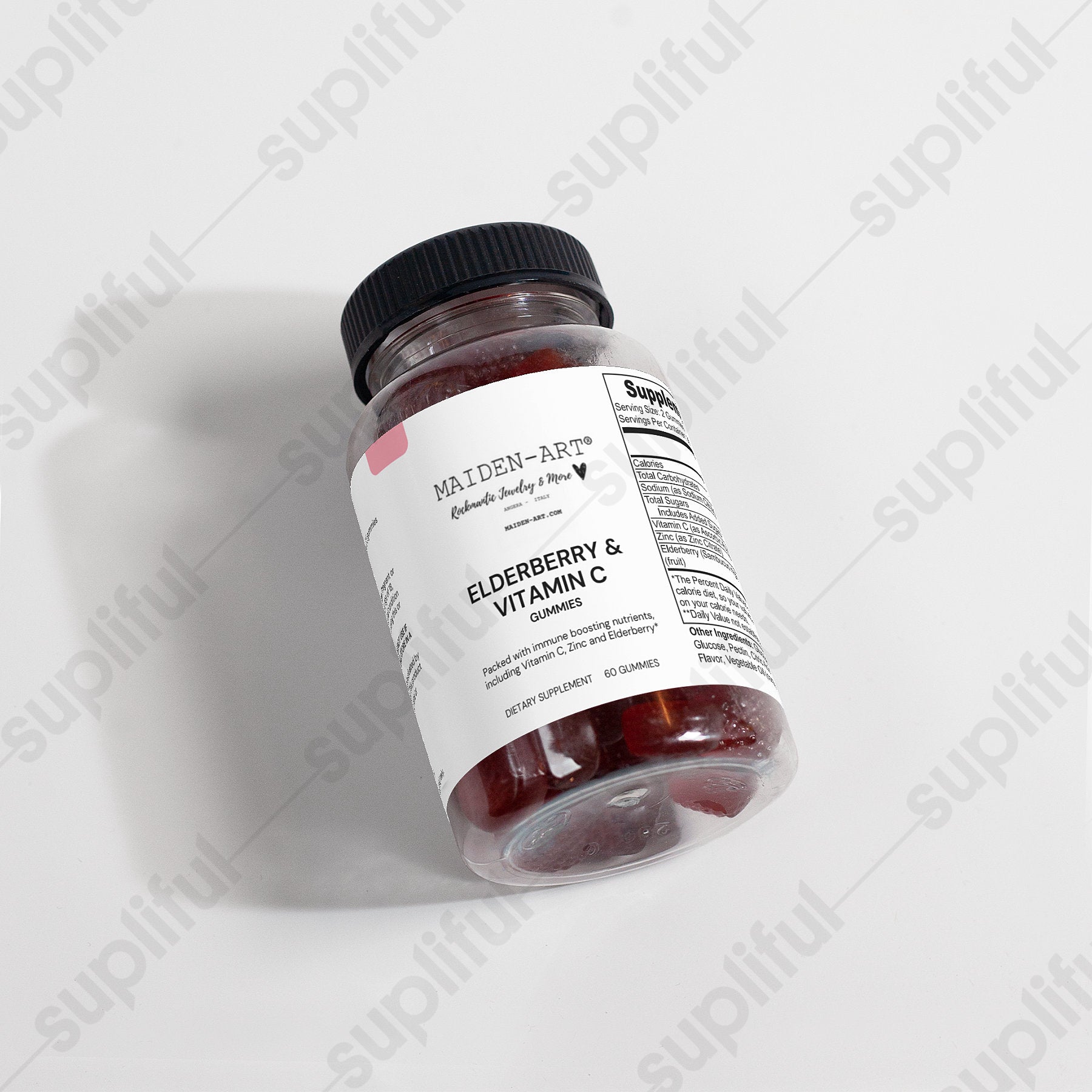 Bottle of Maiden-Ark Elderberry & Vitamin C supplement on a white background