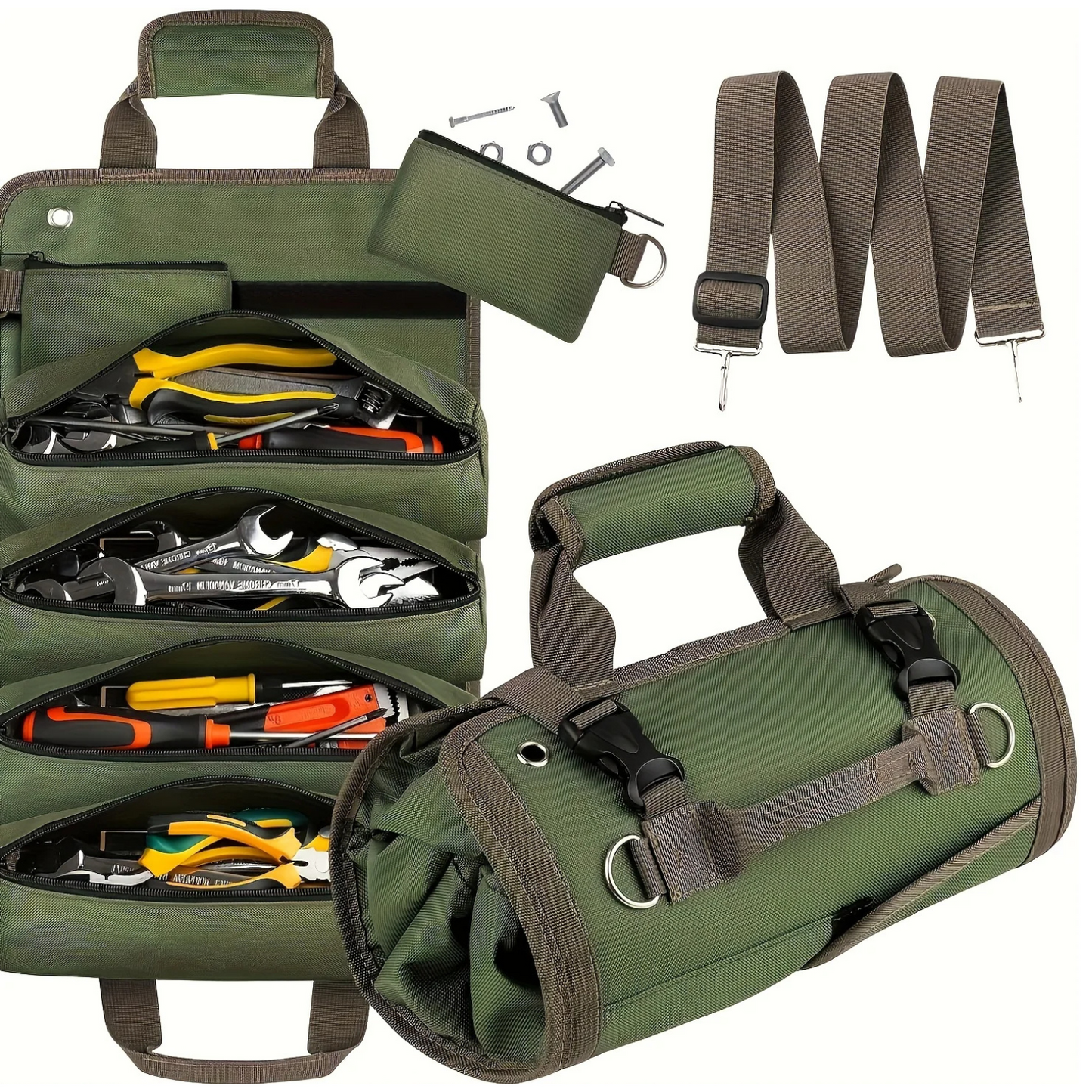 Green tool roll with tools and straps on a white background