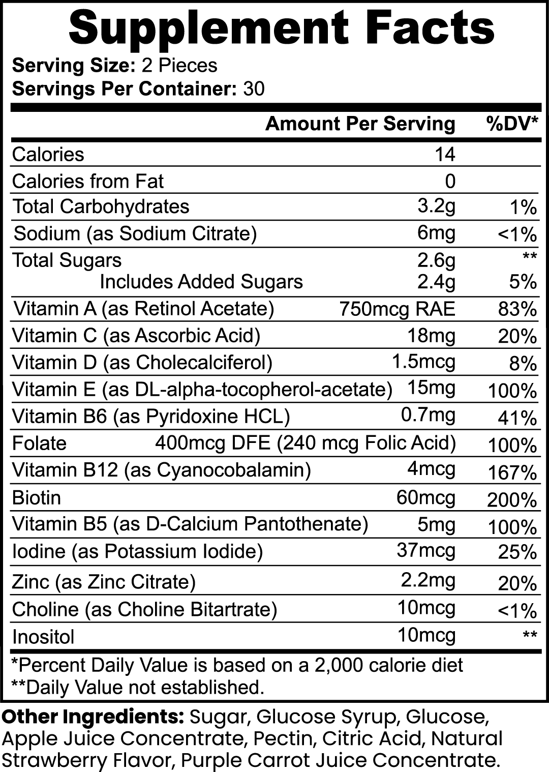 Supplement facts label with detailed nutritional information on a white background