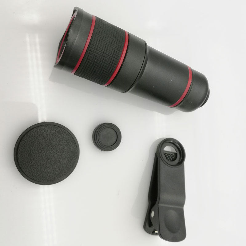 Phone camera lens kit with lens, mount, and cap on a white background