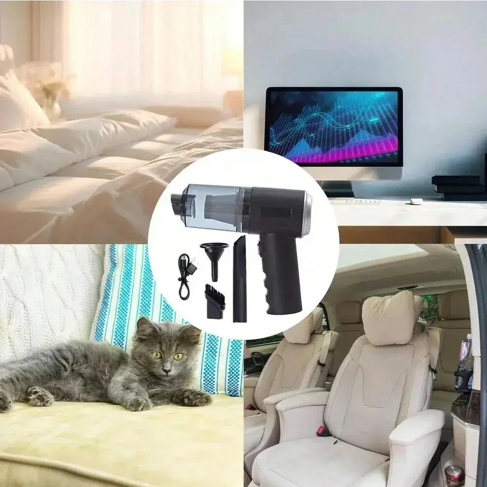 Collage of a vacuum cleaner, cat on a bed, and car interior.