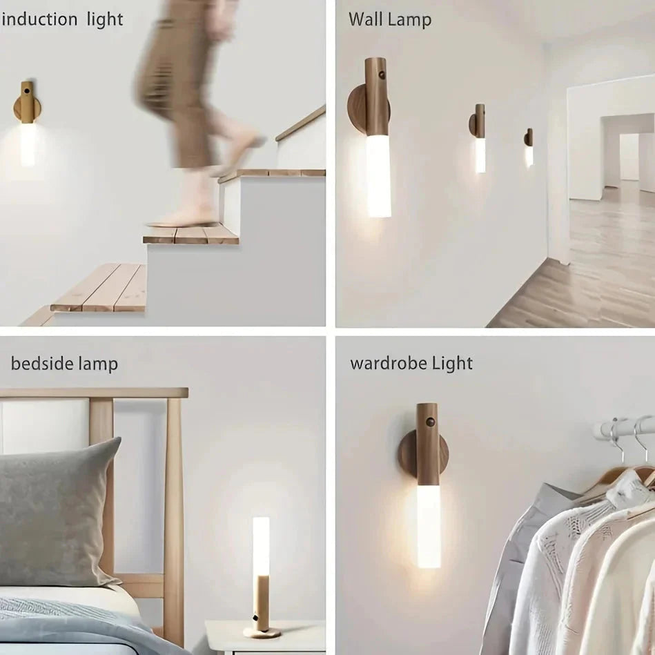 Collage of different types of lights including induction light, wall lamp, bedside lamp, and wardrobe light.