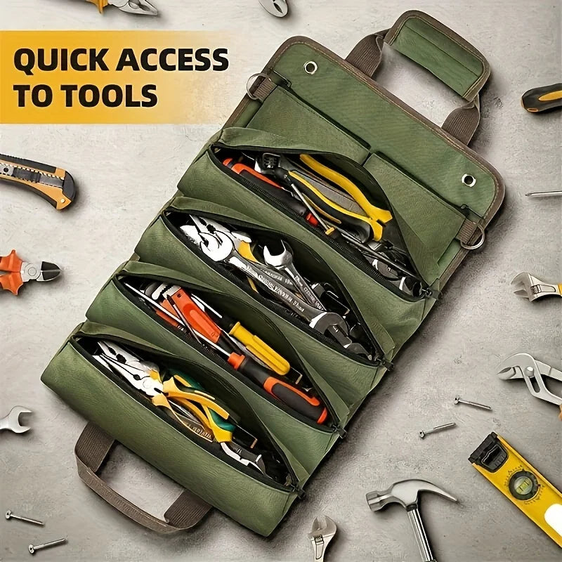Green tool roll with various tools on a gray surface, with text 'Quick Access to Tools'.