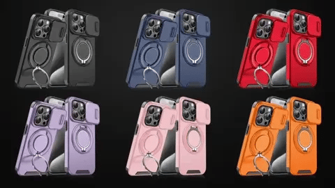 Set of eight phone cases with ring holders in various colors on a black background