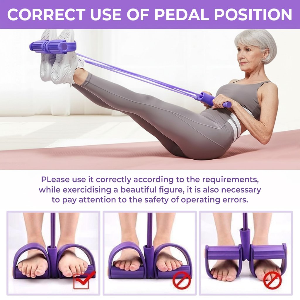 Woman using a purple exercise device with instructional text on correct pedal position.