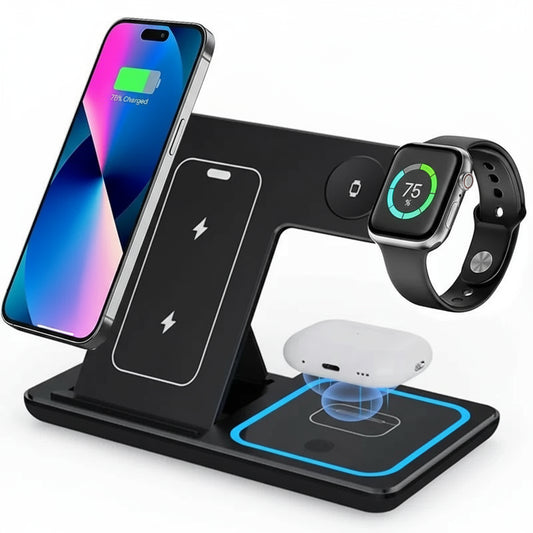 Black wireless charging stand with phone, watch, and earbuds on a white background