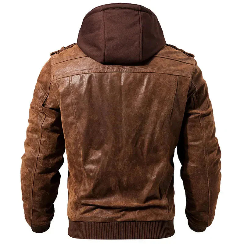 Brown leather jacket with hood on a white background