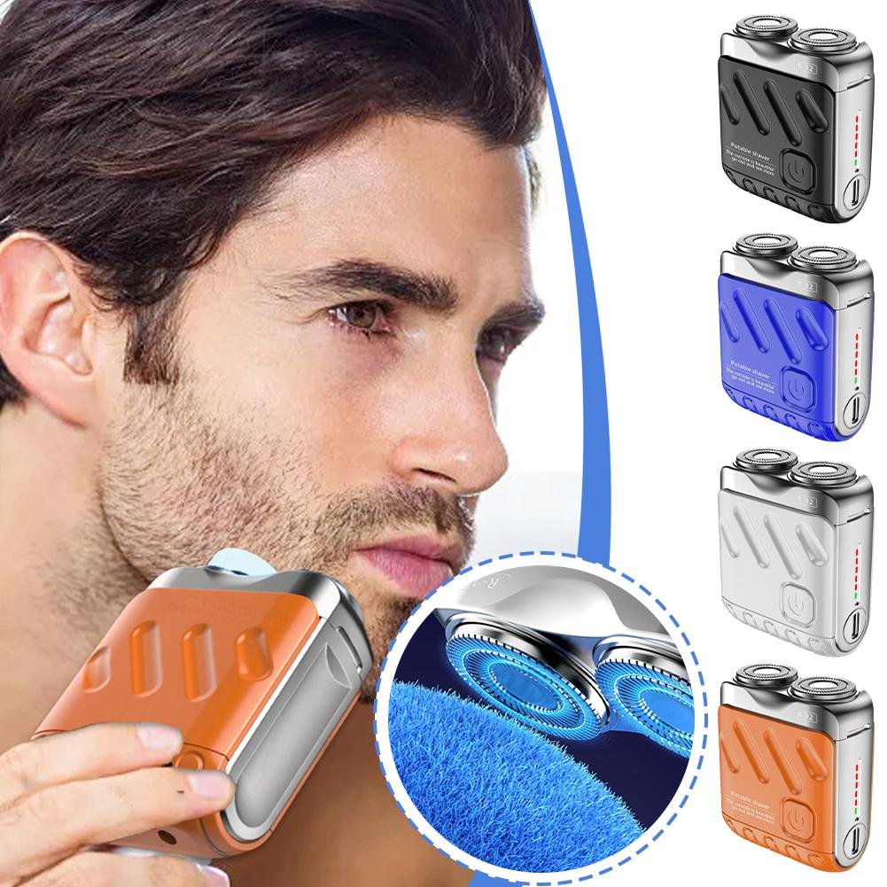 Man using a beard trimmer with close-up details and additional trimmer models displayed.