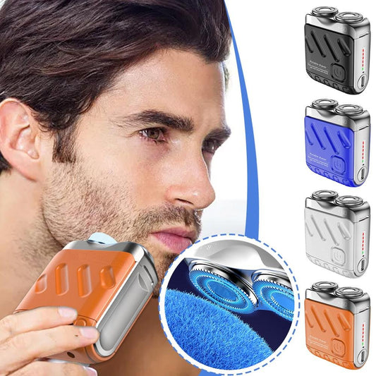 Man using a beard trimmer with close-up details and additional trimmer models displayed.