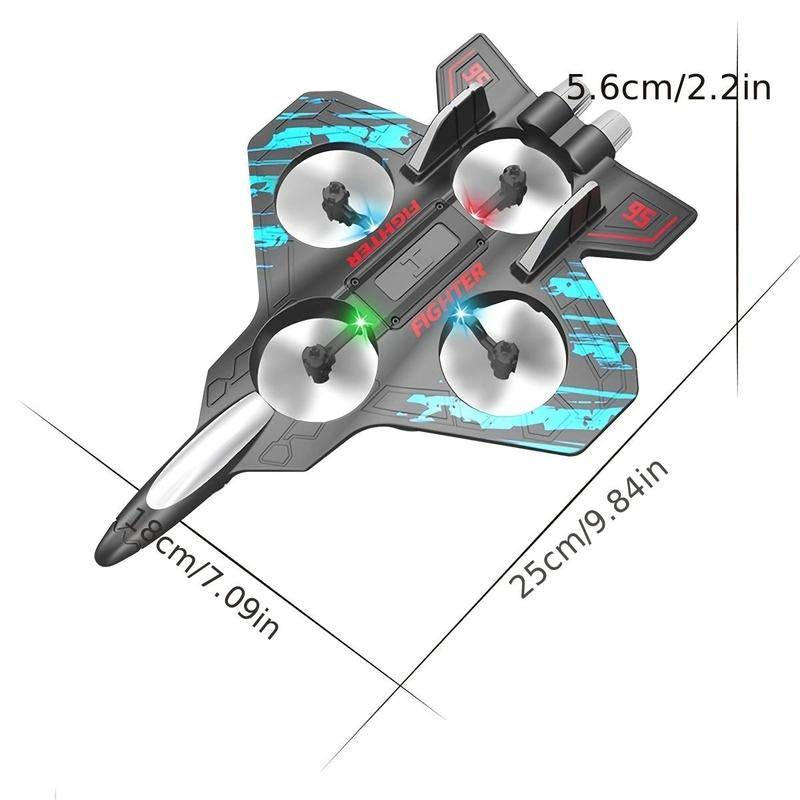 Small drone with propellers and dimensions labeled on a white background