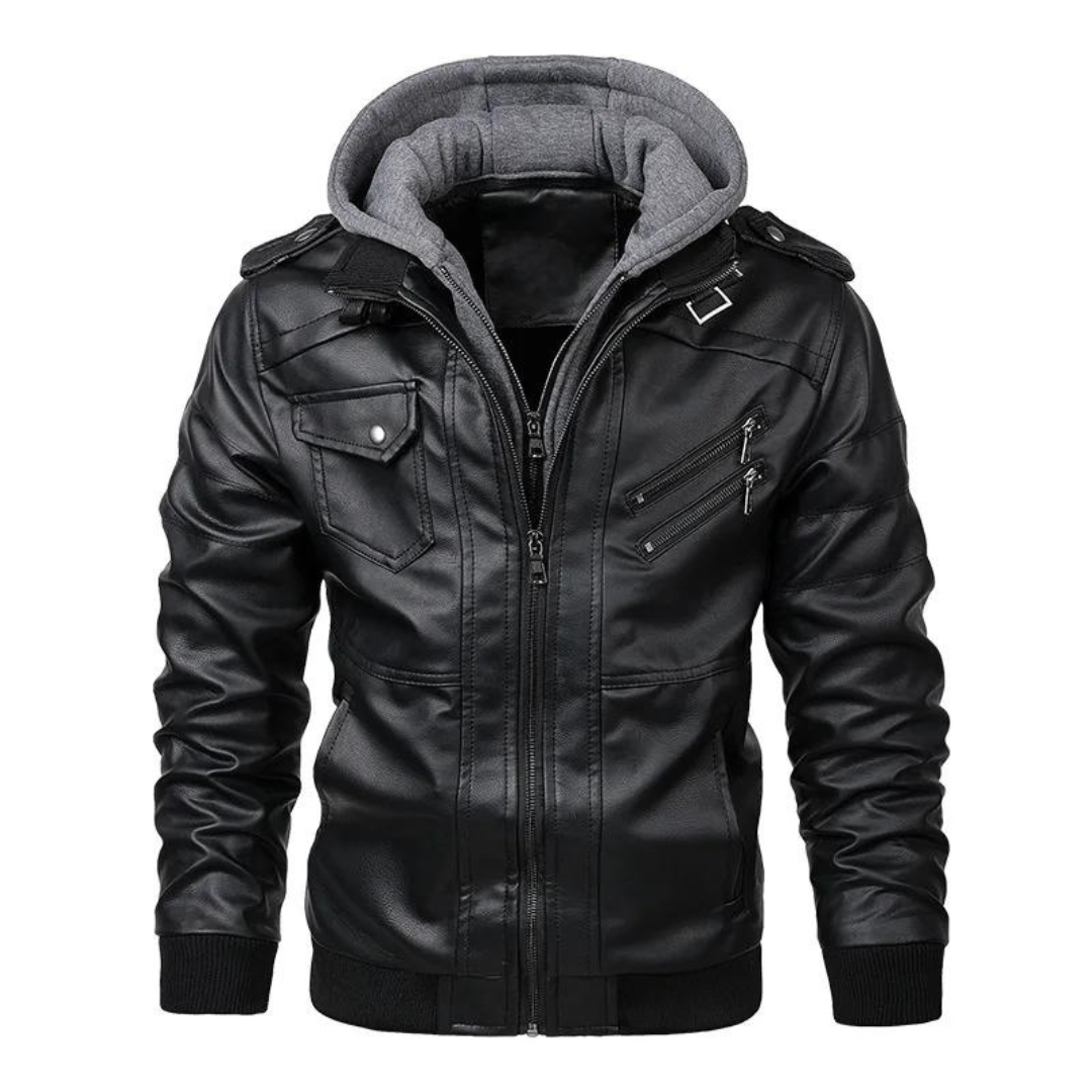 Black leather jacket with gray hood on a white background