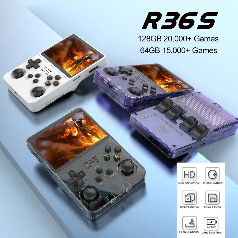 Handheld gaming consoles with 'R36S' branding and game display on a light blue background.
