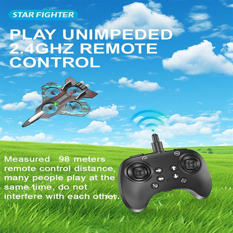 Remote control airplane and controller with text on a grassy field and blue sky background