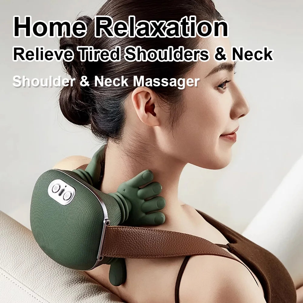 Woman using a green shoulder and neck massager with text 'Home Relaxation Relieve Tired Shoulders & Neck Shoulder & Neck Massager'.