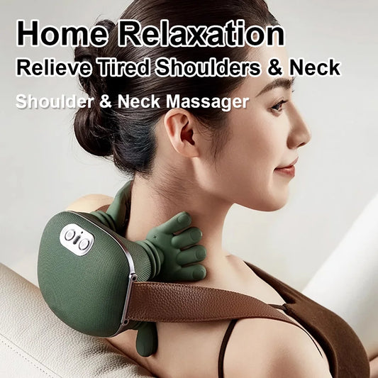 Woman using a green shoulder and neck massager with text 'Home Relaxation Relieve Tired Shoulders & Neck Shoulder & Neck Massager'.