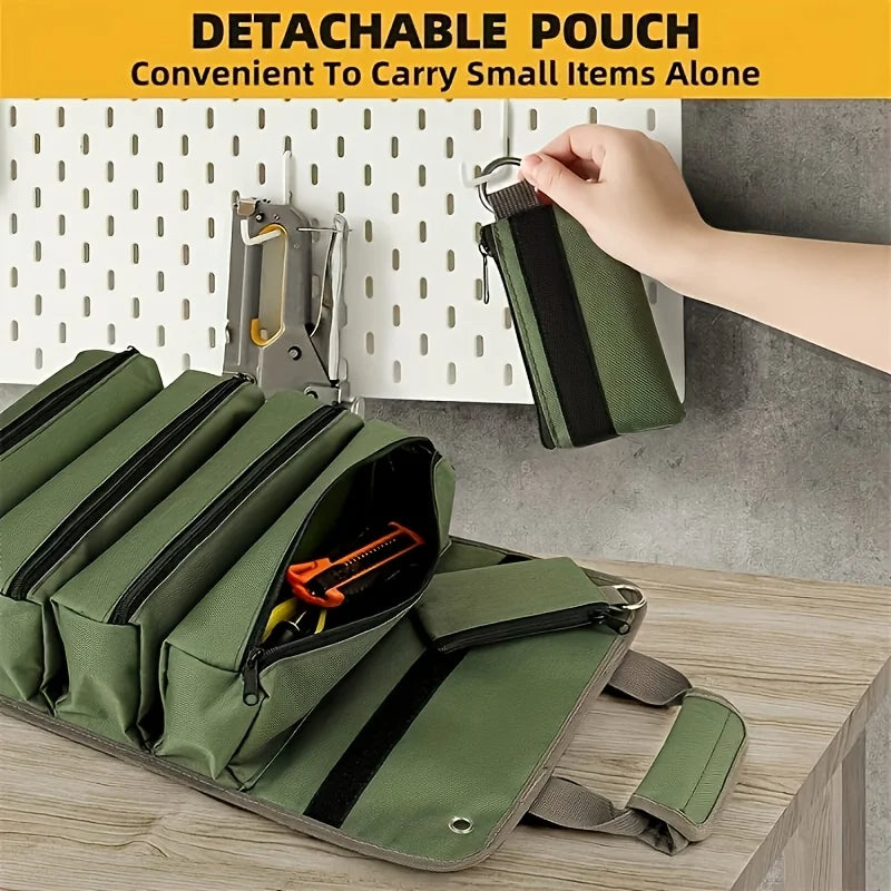 Green detachable pouch with tools on a wooden surface, hand holding it, and text about convenience.