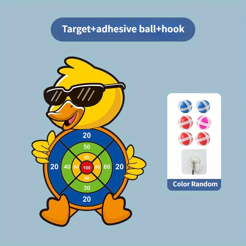 Cartoon duck with a target design on a blue background, featuring adhesive balls and a hook.