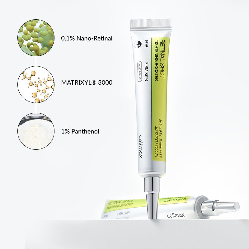Celmax eye serum tube with ingredients displayed on a white background